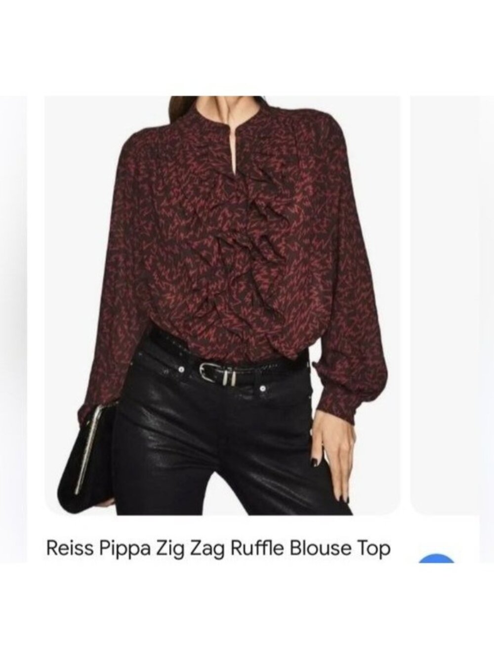 Reiss Pippa Ruffled Zig Zag Printed Blouse Womens 12 Red Semi-Sheer Top - Picture 1 of 12